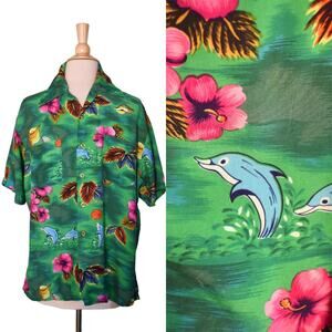 Vintage 50s Hawaiian Holiday Mens Green Rayon Novelty Dolphin Camp Tourist Shirt